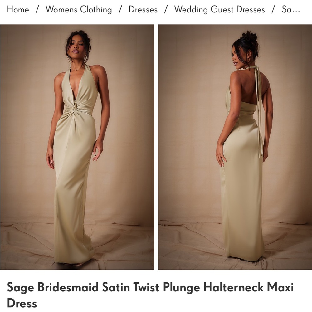 COPY - Sage Bridemaid Satin Twist Plunge Halterneck Maxi Dress - Pretty Little …